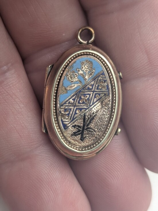 Jewelry - Antique Gold Filled Locket Enamel Etching 1880s